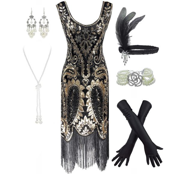 Women's 1920s Flapper Fringe Beaded Great Gatsby Party Dress With Costume Set🐣